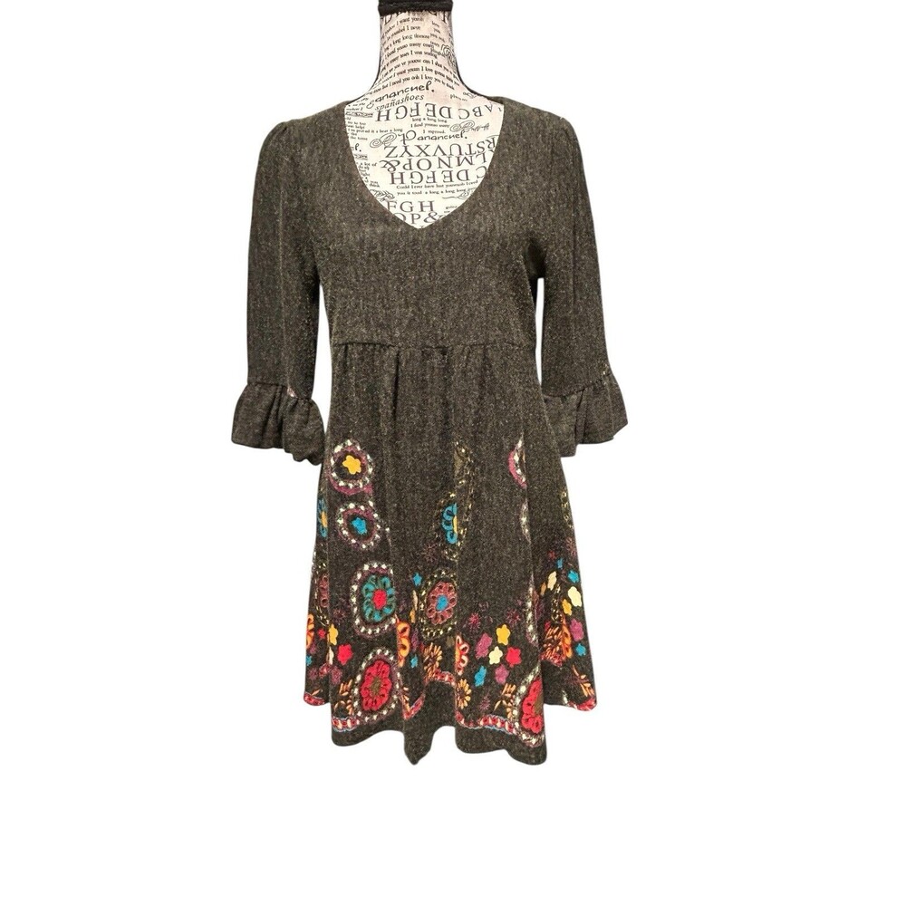 OB2-12 Womens Medium Dress Dark Gray Flared 3/4 Sleeve Bohemian Style Whimsygoth